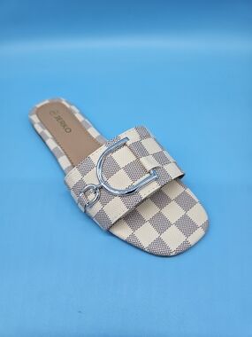 Beeko Women's Beige Check Slide Sandal with Silver Buckle